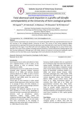 Fatal Abomasal Sand Impaction in a Giraffe Calf