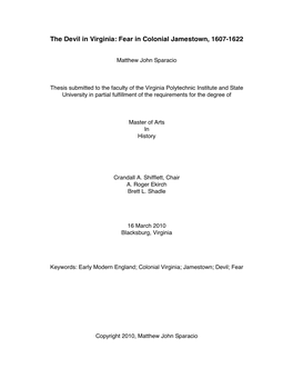 The Devil in Virginia: Fear in Colonial Jamestown, 1607-1622