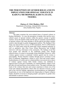 The Perception of Gender Roles and Its Implication for Spousal Violence in Kaduna Metropolis, Kaduna State, Nigeria
