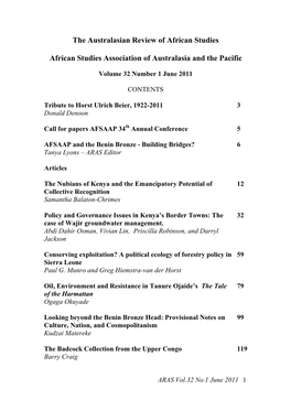 The Australasian Review of African Studies African Studies Association