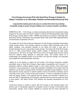 Form Energy Announces Pilot with Great River Energy to Enable the Utility’S Transition to an Affordable, Reliable and Renewable Electricity Grid