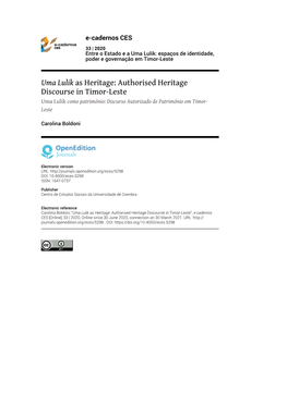 Authorised Heritage Discourse in Timor-Leste Uma Lulik Como Património: Discurso Autorizado De Património Em Timor- Leste