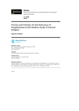 Proclus and Artemis: on the Relevance of Neoplatonism to the Modern Study of Ancient Religion