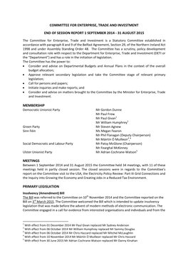 Committee for Enterprise, Trade and Investment End of Session Report 1 September 2014