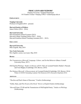 PROF. LEONARD NEIDORF Nanjing University • English Department 163 Xianlin Avenue • Nanjing 210023 • Neidorf@Nju.Edu.Cn