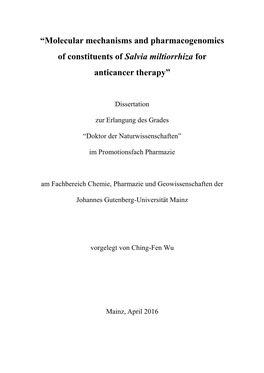 “Molecular Mechanisms and Pharmacogenomics of Constituents of Salvia Miltiorrhiza for Anticancer Therapy”