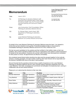 Memorandum Provincial Health Services Authority 700-1380 Burrard Street Date: June 4, 2010 Vancouver, BC V6Z 2H3