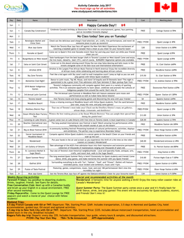 July 2018 Activity Calendar