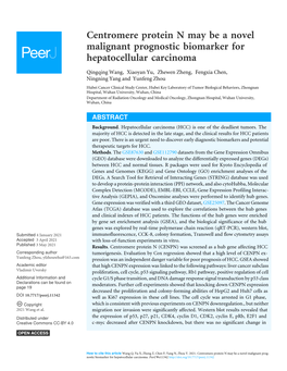 Centromere Protein N May Be a Novel Malignant Prognostic Biomarker for Hepatocellular Carcinoma