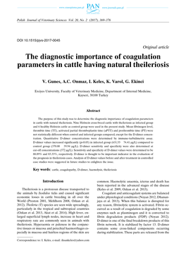 The Diagnostic Importance of Coagulation Parameters in Cattle Having Natural Theileriosis