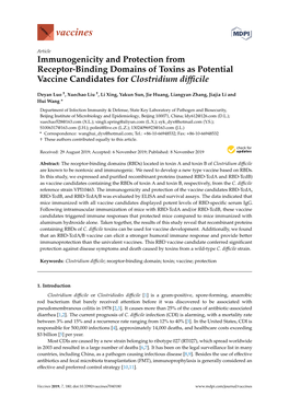 Immunogenicity and Protection from Receptor-Binding Domains of Toxins As Potential Vaccine Candidates for Clostridium Diﬃcile