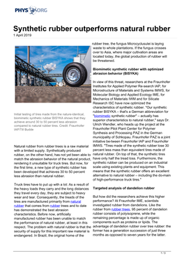 Synthetic Rubber Outperforms Natural Rubber 1 April 2019