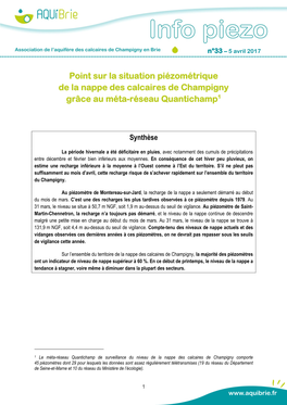 Point Sur La Situation Piézométrique De La Nappe Des Calcaires De Champigny Grâce Au Méta-Réseau Quantichamp1