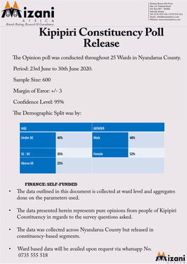 Kipipiri Constituency Poll Release the Opinion Poll Was Conducted Throughout 25 Wards in Nyandarua County
