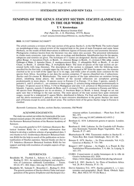 Synopsis of the Genus Stachys Section Stachys (Lamiaceae) in the Old World T