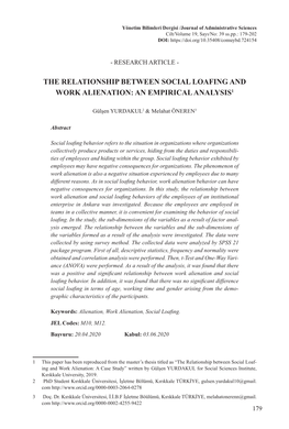 The Relationship Between Social Loafing and Work Alienation: an Empirical Analysis1