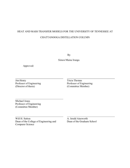 Heat and Mass Transfer Models of the University of Tennessee at Chattanooga Distillation Column