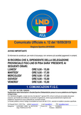 Comunicato Ufficiale N. 12 Del 18/09/2019