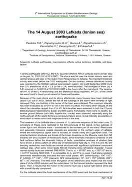 The 14 August 2003 Lefkada (Ionian Sea) Earthquake