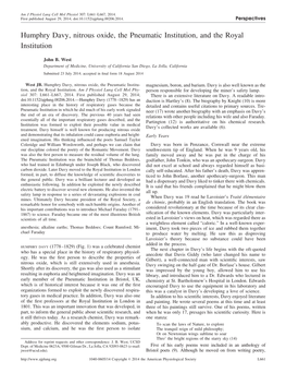 Humphry Davy, Nitrous Oxide, the Pneumatic Institution, and the Royal Institution