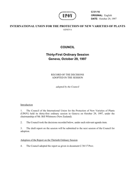 COUNCIL Thirty-First Ordinary Session Geneva, October 29, 1997