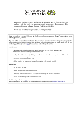 Harrington, Melissa (2016) Reflecting on Studying Wicca from Within the Academy and the Craft: an Autobiographical Perspective