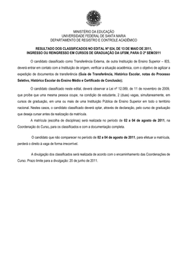 Ministério Da Educação Universidade Federal De Santa Maria Departamento De Registro E Controle Acadêmico