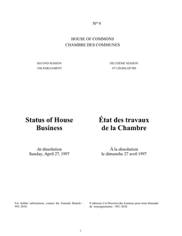 Status of House Business État Des Travaux De La Chambre