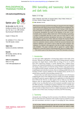 DNA Barcoding and Taxonomy: Dark Taxa and Dark Texts Rstb.Royalsocietypublishing.Org Roderic D