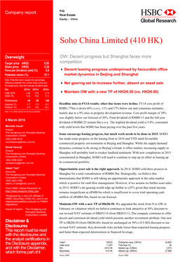 Soho China Limited (410 HK)-OW: Decent Progress but Shanghai
