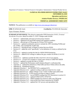 NATIONAL WEATHER SERVICE INSTRUCTION 10-813 NOVEMBER 18, 2020 Operations and Services Aviation Weather Services, NWSPD 10-8 TERMINAL AERODROME FORECASTS