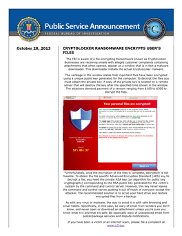 October 28, 2013 CRYPTOLOCKER RANSOMWARE ENCRYPTS USER’S FILES