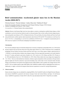 Accelerated Glacier Mass Loss in the Russian Arctic (2010-2017) Christian Sommer1, Thorsten Seehaus1, Andrey Glazovsky2, Matthias H