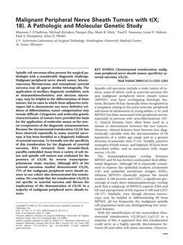 Malignant Peripheral Nerve Sheath Tumors with T(X; 18). a Pathologic and Molecular Genetic Study Maureen J