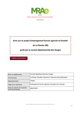 Avis Sur Le Projet D'aménagement Foncier Agricole Et Forestier De Le