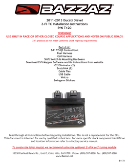 2011-2013 Ducati Diavel Z-Fi TC Installation Instructions P/N T120