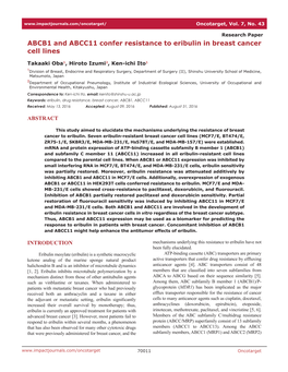 ABCB1 and ABCC11 Confer Resistance to Eribulin in Breast Cancer Cell Lines