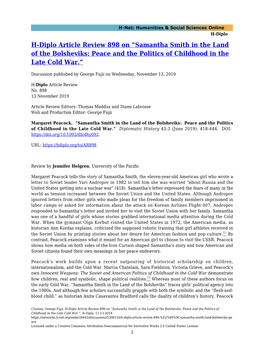 H-Diplo Article Review 898 on “Samantha Smith in the Land of the Bolsheviks: Peace and the Politics of Childhood in the Late Cold War.”