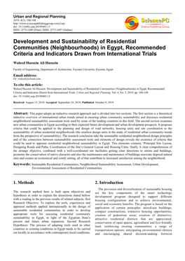 Development and Sustainability of Residential Communities (Neighbourhoods) in Egypt, Recommended Criteria and Indicators Drawn from International Trials