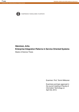 Hänninen, Arttu Enterprise Integration Patterns in Service Oriented Systems Master of Science Thesis