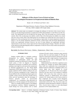 Influence of Olea Oleaster Leaves Extract on Some Physiological Parameters in Streptozotocin-Induced Diabetic Rats