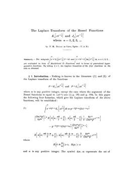 The Laplace Transform of the Bessel Functions &lt;Inlineequation ID="IE1