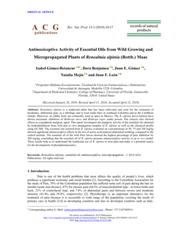 Antinociceptive Activity of Essential Oils from Wild Growing and Micropropagated Plants of Renealmia Alpinia (Rottb.) Maas