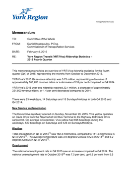 (YRT/Viva) Ridership Statistics – 2015 Fourth Quarter