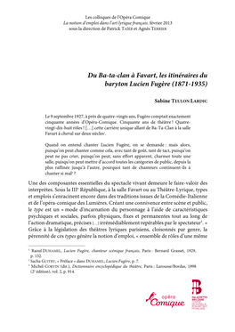 Du Ba-Ta-Clan À Favart, Les Itinéraires Du Baryton Lucien Fugère (1871-1935)