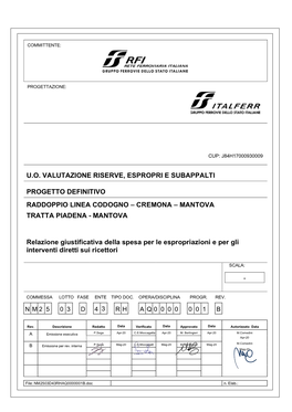 U.O. Valutazione Riserve, Espropri E Subappalti Progetto Definitivo Raddoppio Linea Codogno – Cremona – Mantova Tratta