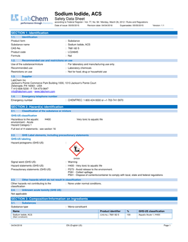 Sodium Iodide, ACS Safety Data Sheet According to Federal Register / Vol