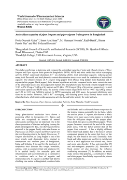 World Journal of Pharmaceutical Sciences Antioxidant Capacity of Piper Longum and Piper Nigrum Fruits Grown in Bangladesh Proity