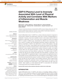 GDF15 Plasma Level Is Inversely Associated with Level of Physical Activity and Correlates with Markers of Inflammation and Muscl