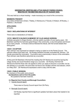 GEDDINGTON, NEWTON and LITTLE OAKLEY PARISH COUNCIL MINUTES of the MEETING HELD on 10Th AUGUST 2020